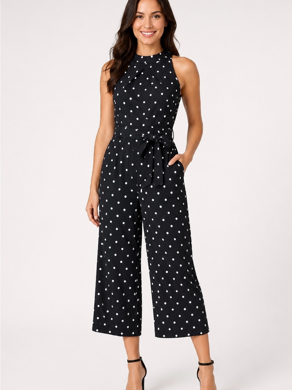 Banana Republic Black White Polka Dot Wide Leg Jumpsuit Tie Waist Size 4